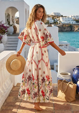 Women's Hand Embroidered Luxury Cotton Long Dress Round Tie-Up Neck - Ashira