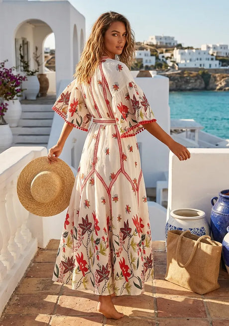 Women's Hand Embroidered Luxury Cotton Long Dress Round Tie-Up Neck - Ashira