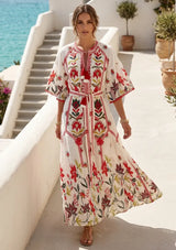 Women's Hand Embroidered Luxury Cotton Long Dress Round Tie-Up Neck - Ashira