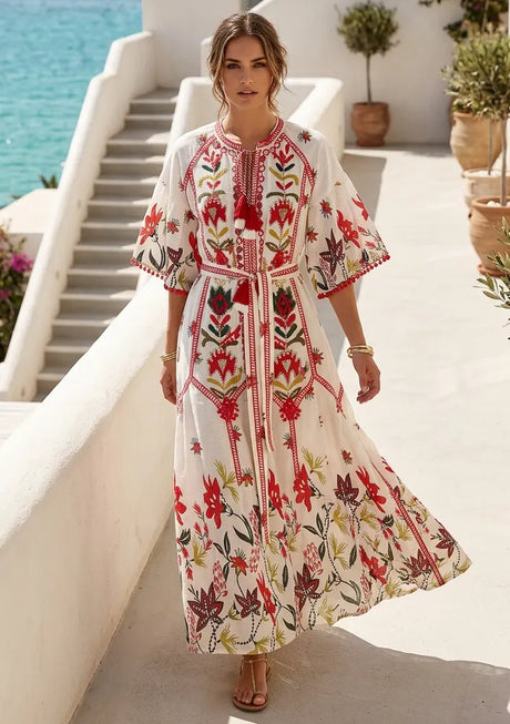 Women's Hand Embroidered Luxury Cotton Long Dress Round Tie-Up Neck - Ashira