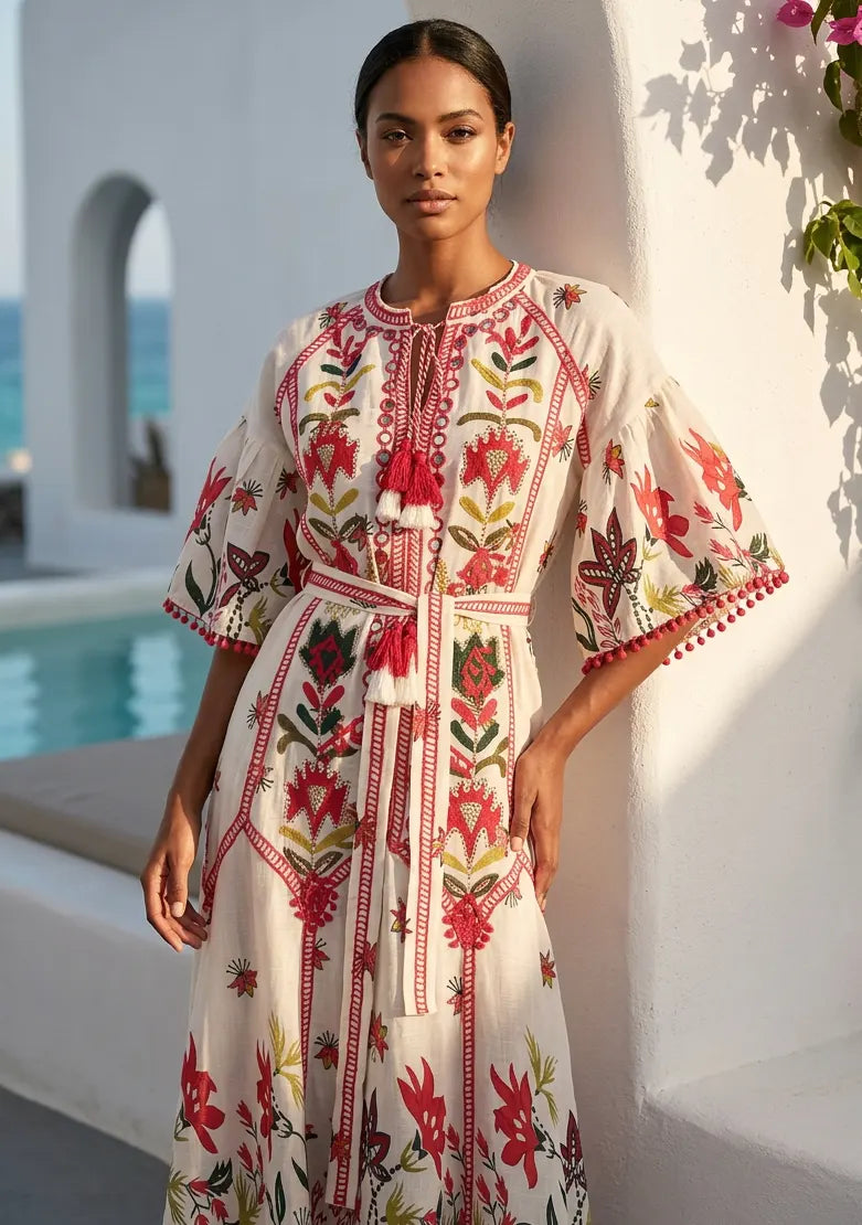 Women's Hand Embroidered Luxury Cotton Long Dress Round Tie-Up Neck - Ashira