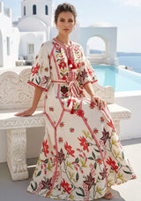 Women's Hand Embroidered Luxury Cotton Long Dress Round Tie-Up Neck - Ashira