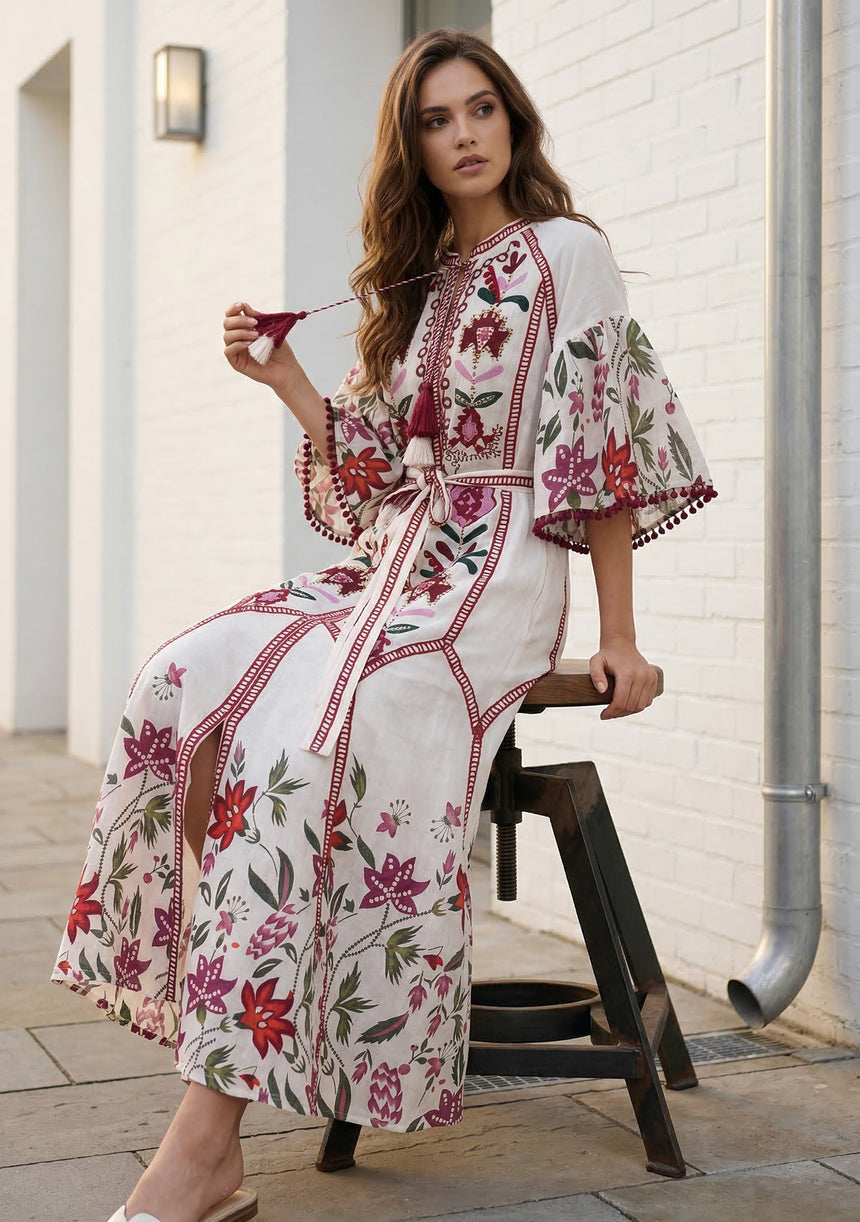 ibBan Blue Floral Hand Embroidered Cotton Long Dress - Imaani Long Dress