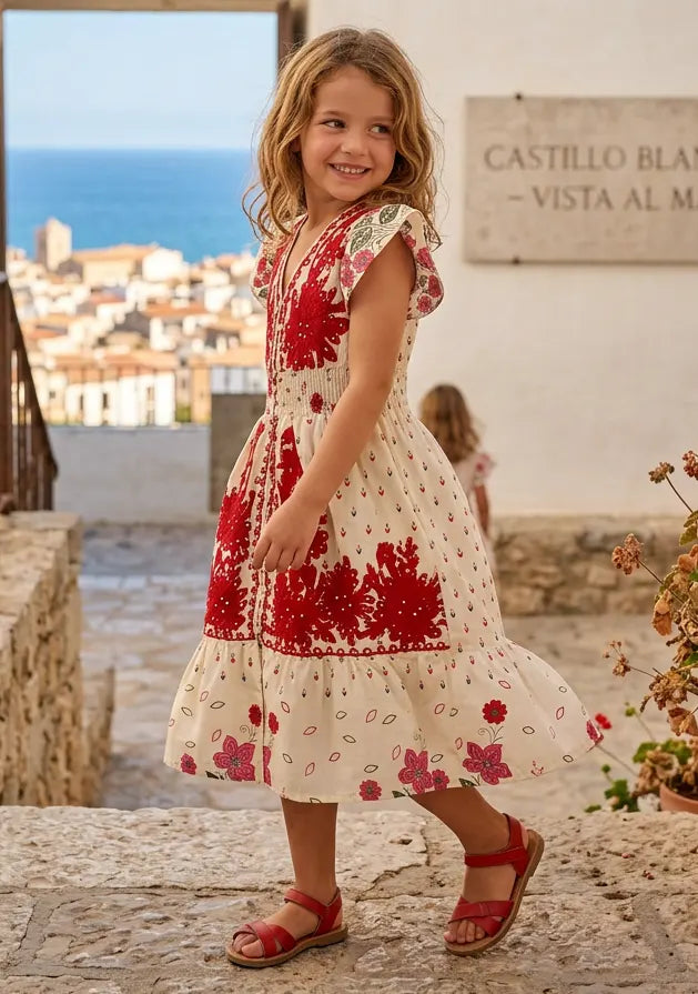 Robe en coton imprimé col en V pour fille - Yamira