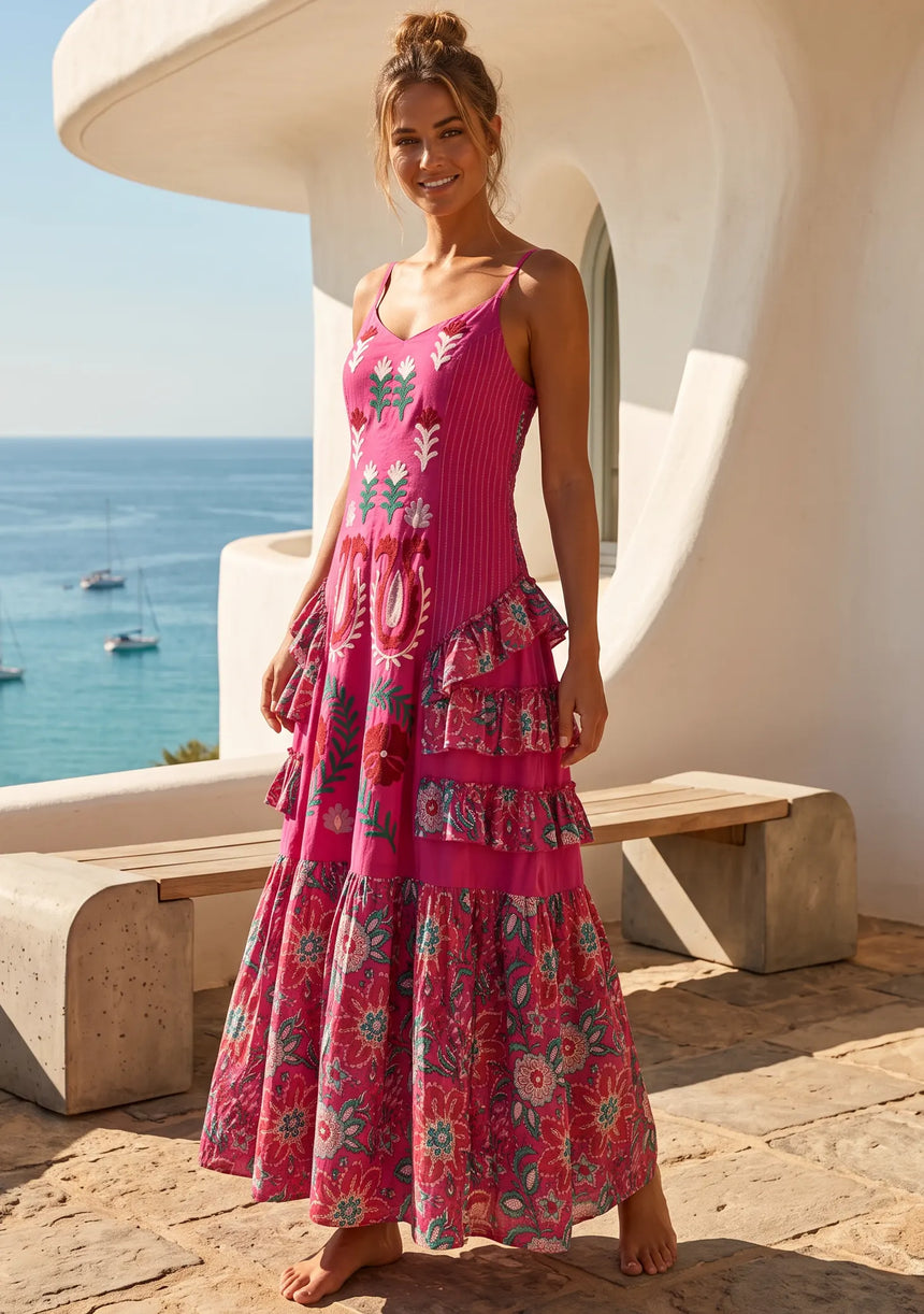 ibBan Embroidered Cotton Strap Maxi Dress with Floral Print - Huwa