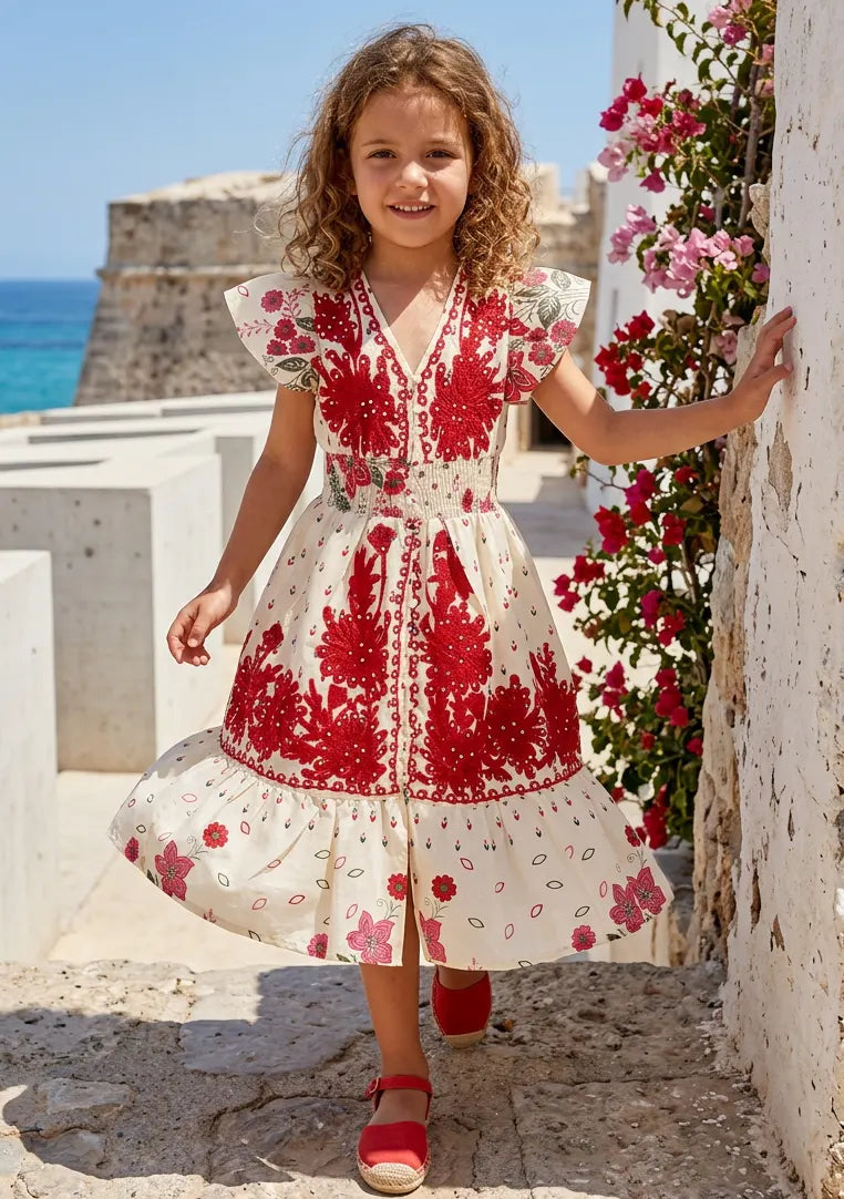 Robe en coton imprimé col en V pour fille - Yamira