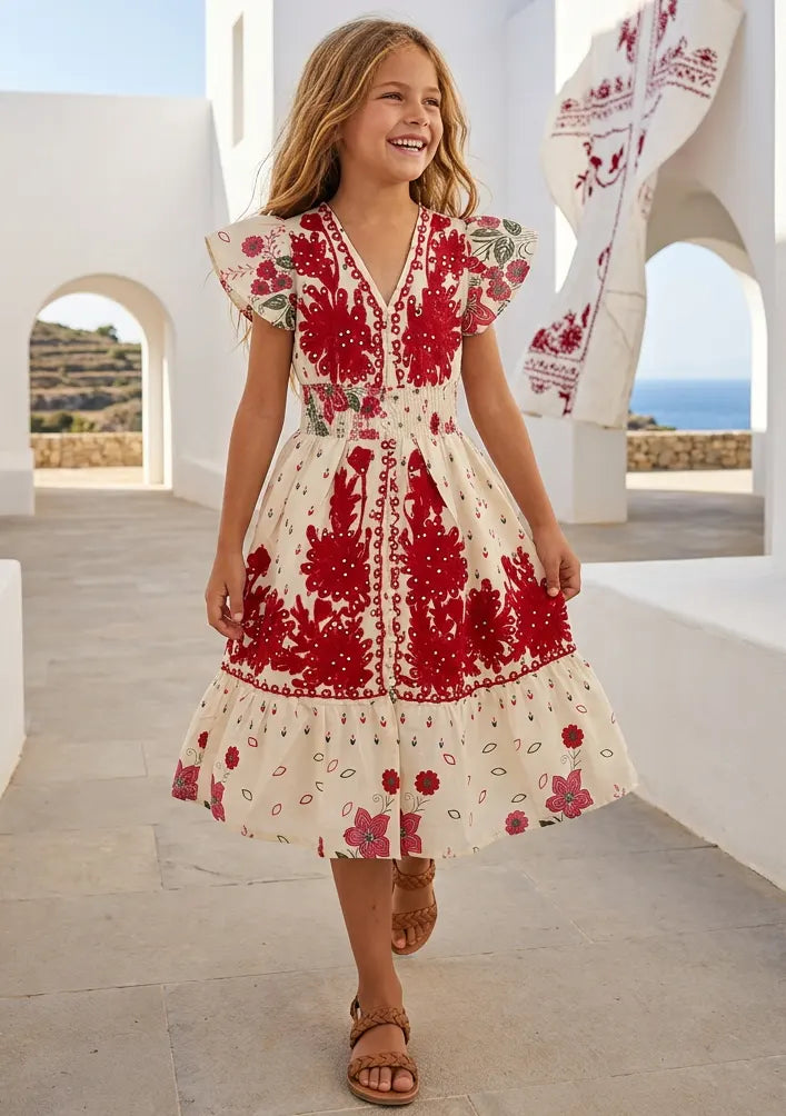 Robe en coton imprimé col en V pour fille - Yamira