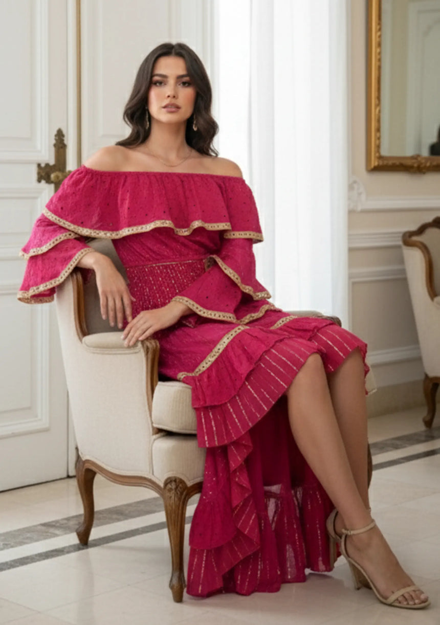 Vestido maxi de algodón bordado a mano de manga larga para mujer - Umida