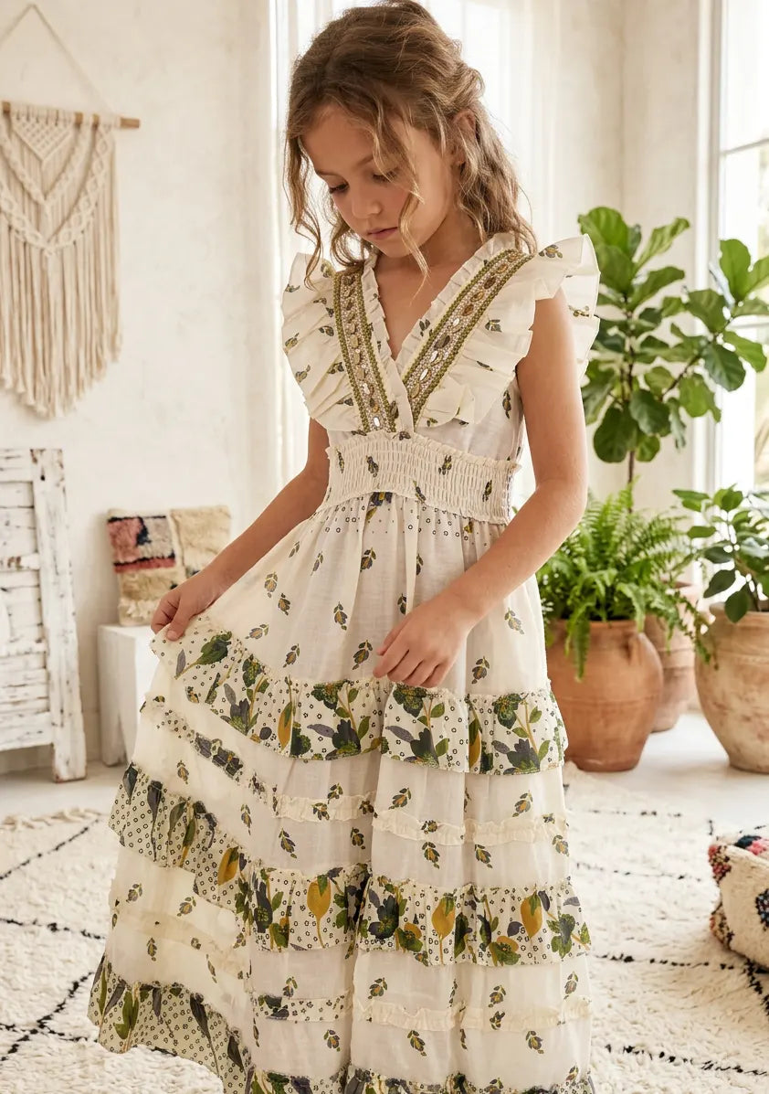 Robe longue en coton à col en V pour fille - Aina