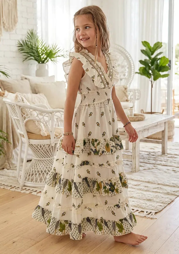 Robe longue en coton à col en V pour fille - Aina