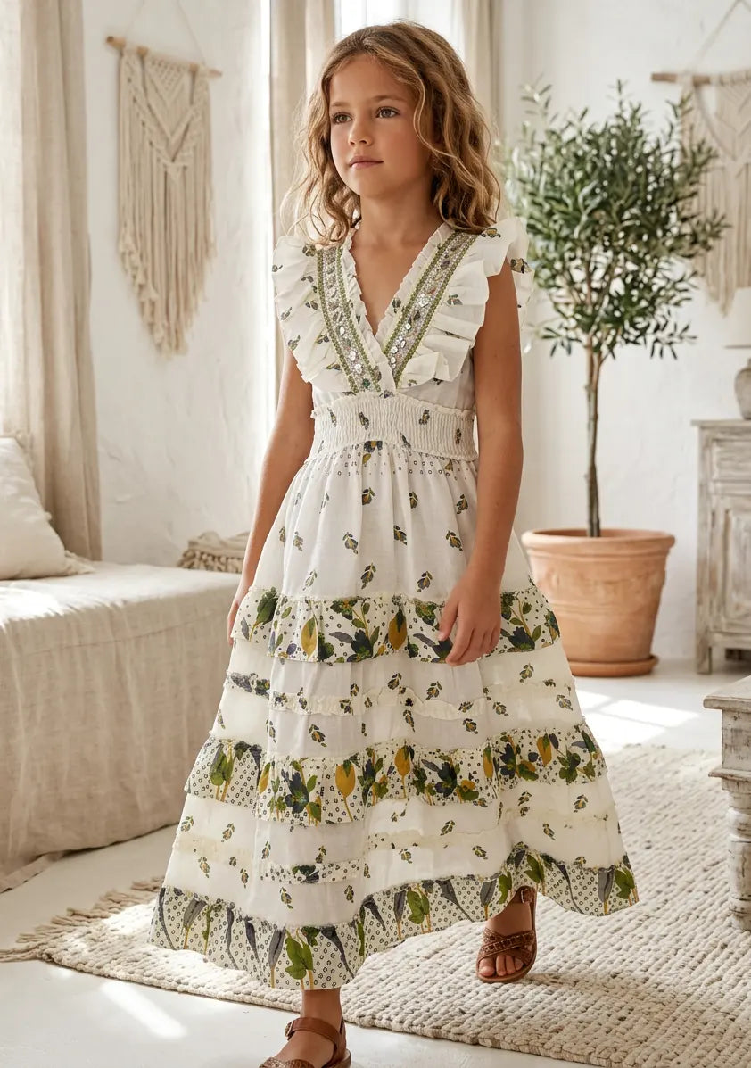 Robe longue en coton à col en V pour fille - Aina