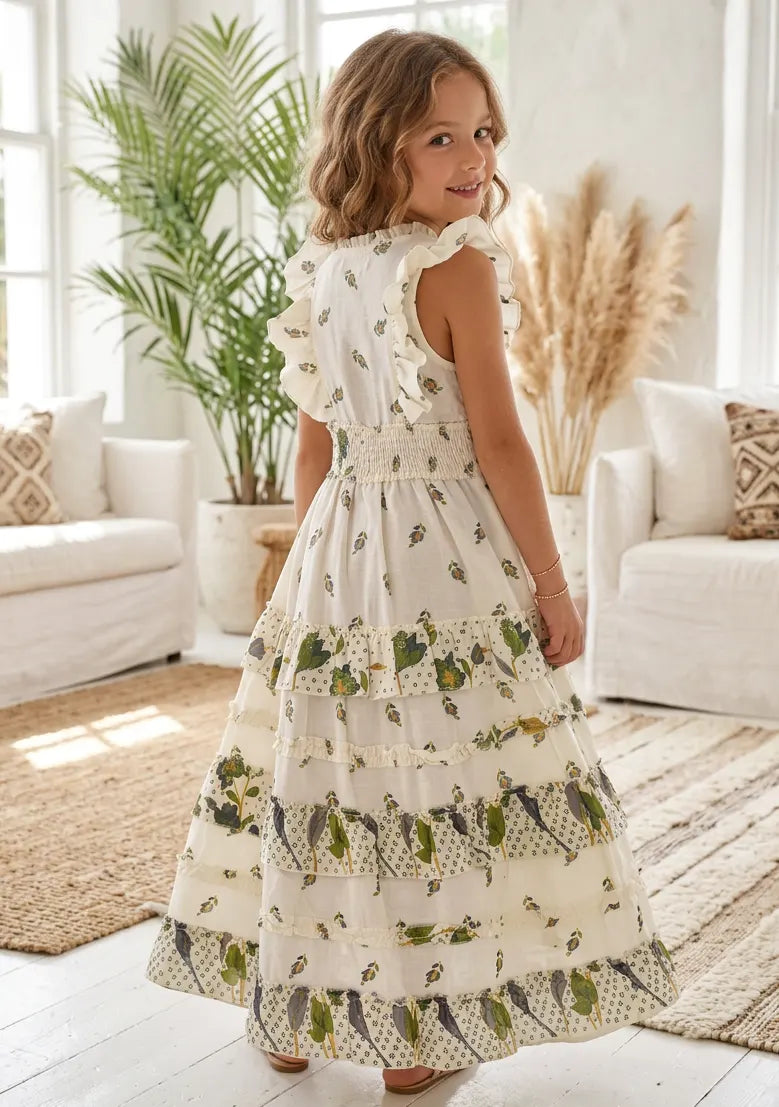 Robe longue en coton à col en V pour fille - Aina