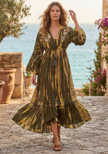 Maxivestido de lino de cuello redondo para mujer - Estilo tubo