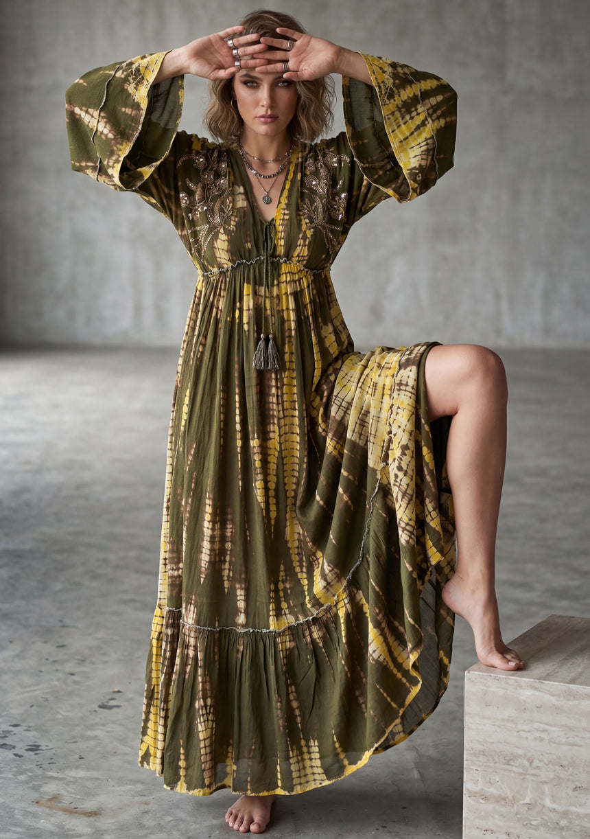 Maxivestido de lino de cuello redondo para mujer - Estilo tubo