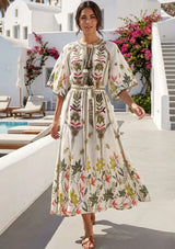 Women's Hand Embroidered Luxury Cotton Long Dress Round Tie-Up Neck - Ashira