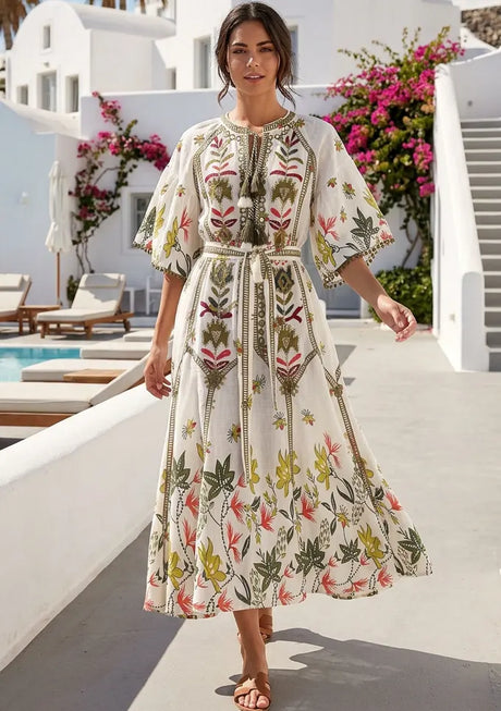 Women's Hand Embroidered Luxury Cotton Long Dress Round Tie-Up Neck - Ashira