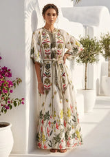 Women's Hand Embroidered Luxury Cotton Long Dress Round Tie-Up Neck - Ashira
