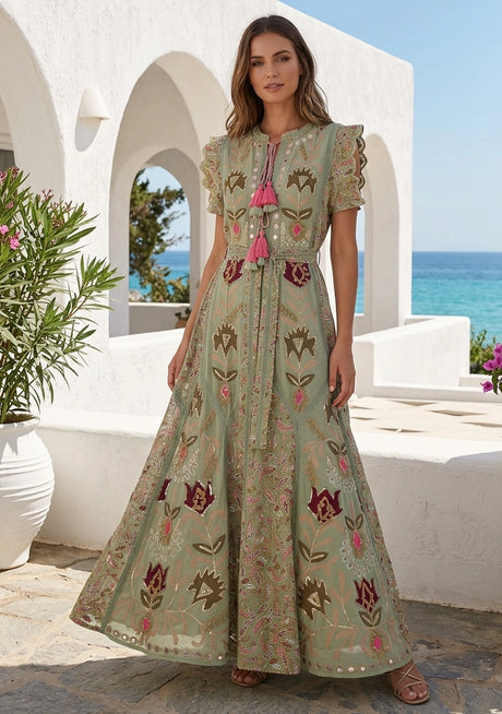Women's Hand Embroidered Luxury Cotton Long Dress Round Tie-Up Neck - Seliza