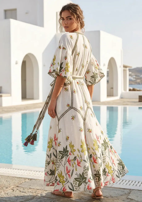 Tunique longue en coton de luxe brodée à la main pour femme avec col rond à nouer - Ashira