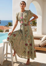 Women's Hand Embroidered Luxury Cotton Long Dress Round Tie-Up Neck - Seliza