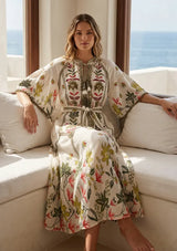 Women's Hand Embroidered Luxury Cotton Long Dress Round Tie-Up Neck - Ashira