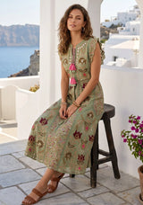 Women's Hand Embroidered Luxury Cotton Long Dress Round Tie-Up Neck - Seliza