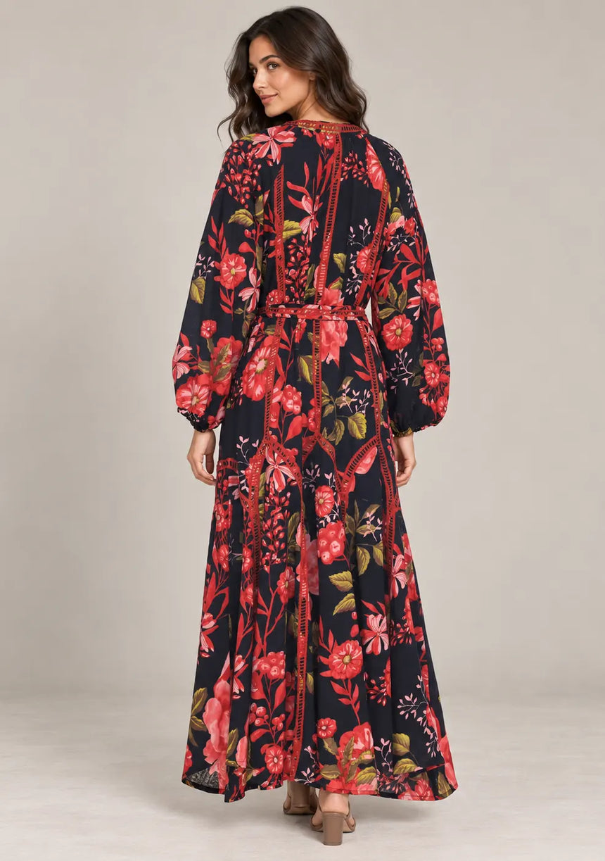 IbBan Black Floral Print Cotton Long Dress - Almasa