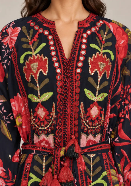 IbBan Black Floral Print Cotton Long Dress - Almasa