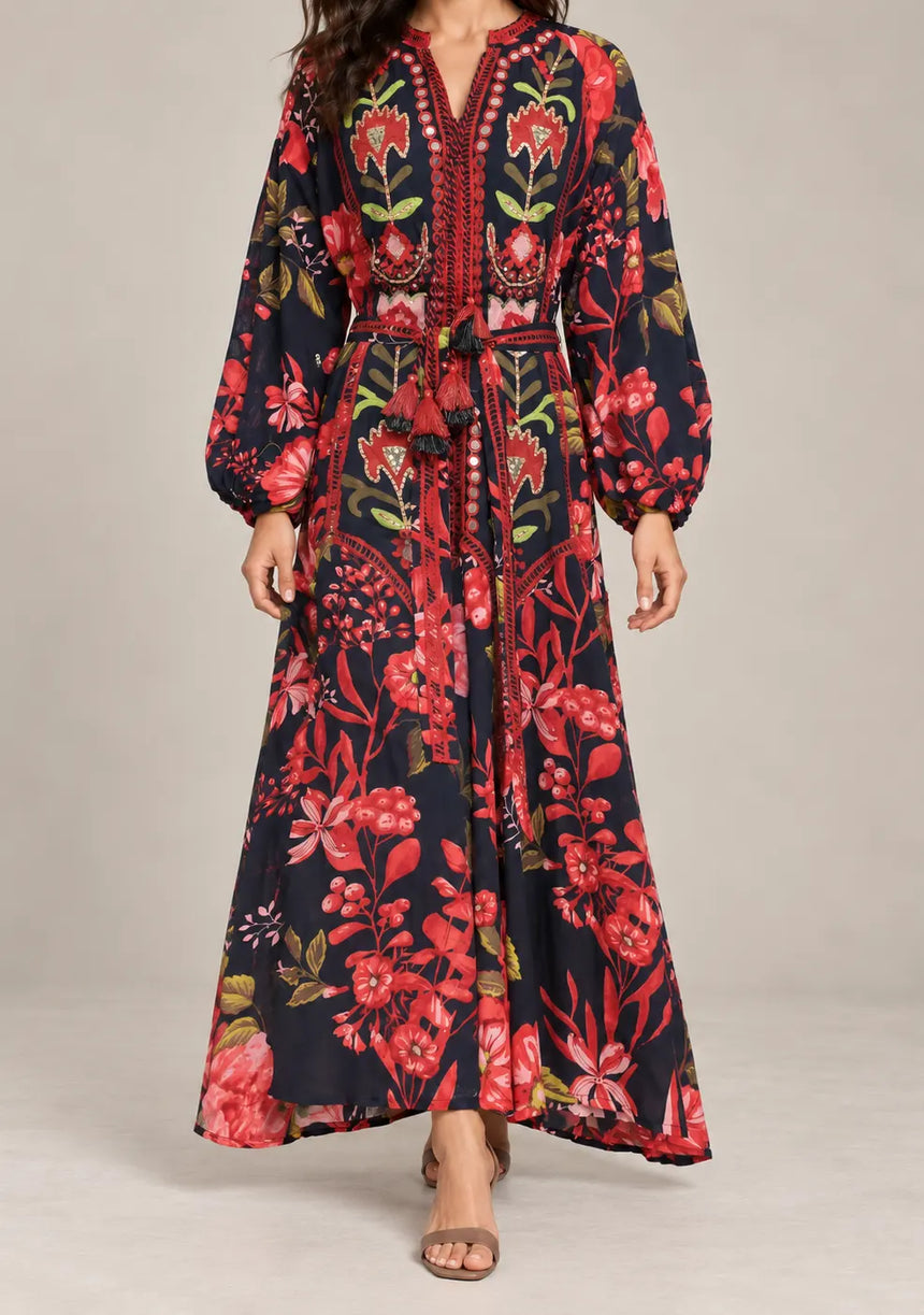 IbBan Black Floral Print Cotton Long Dress - Almasa