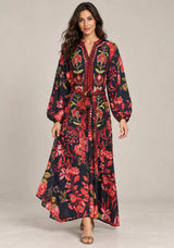 IbBan Black Floral Print Cotton Long Dress - Almasa
