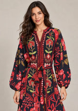 IbBan Black Floral Print Cotton Long Dress - Almasa
