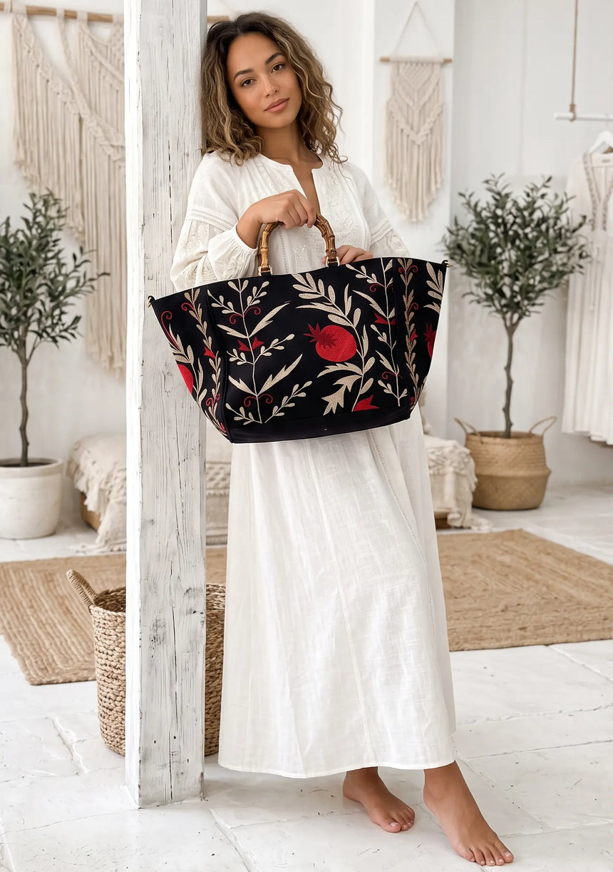 Women's Embroidered Canvas Handbag - Tona