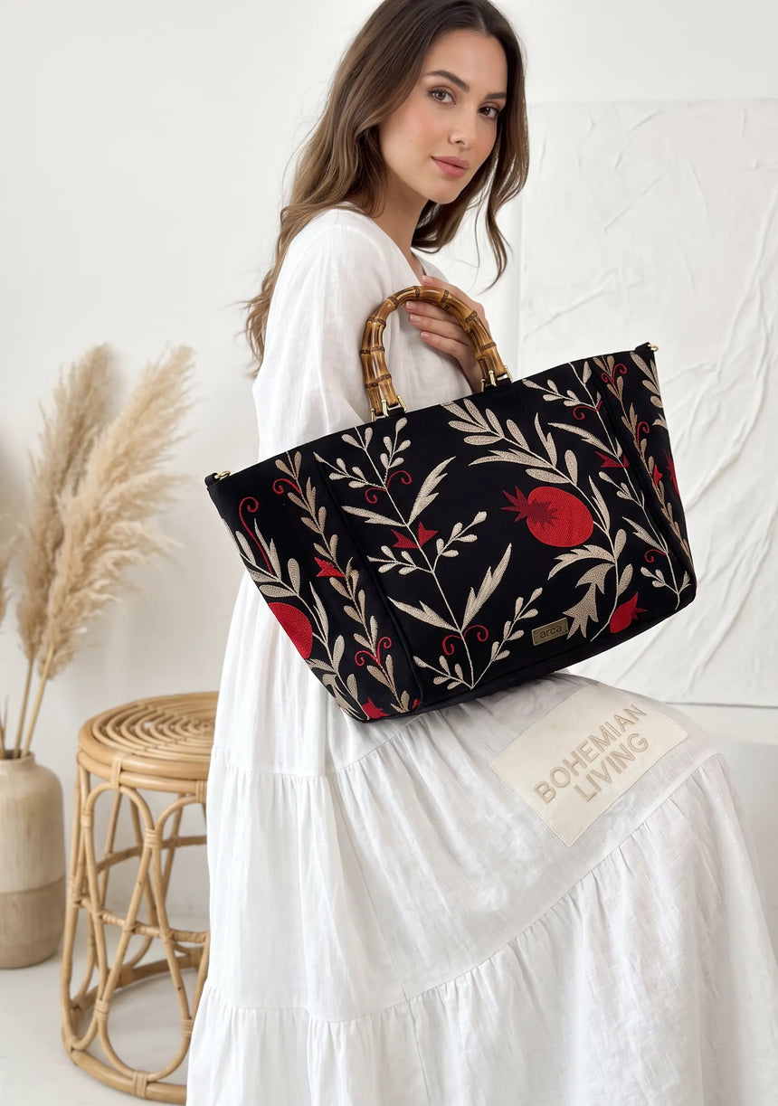 Women's Embroidered Canvas Handbag - Tona
