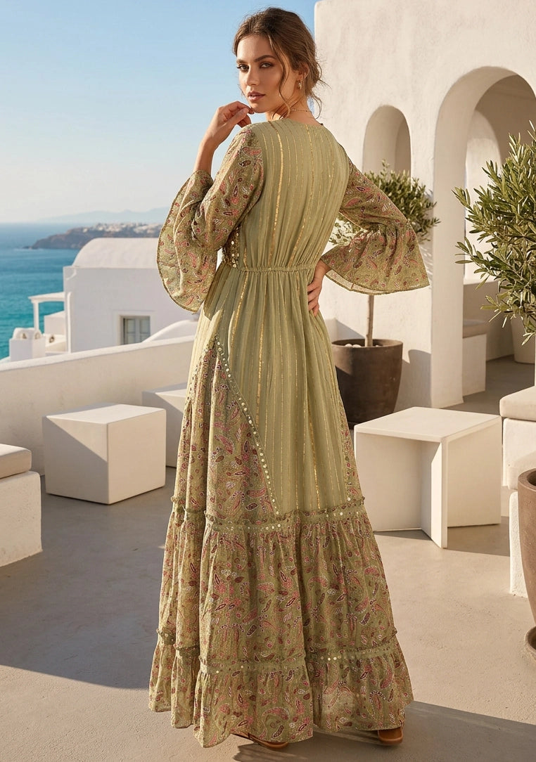 Women's Hand Embroidered Printed Shimmer Cotton Long Dress Round Tie-Up Neck- Marina