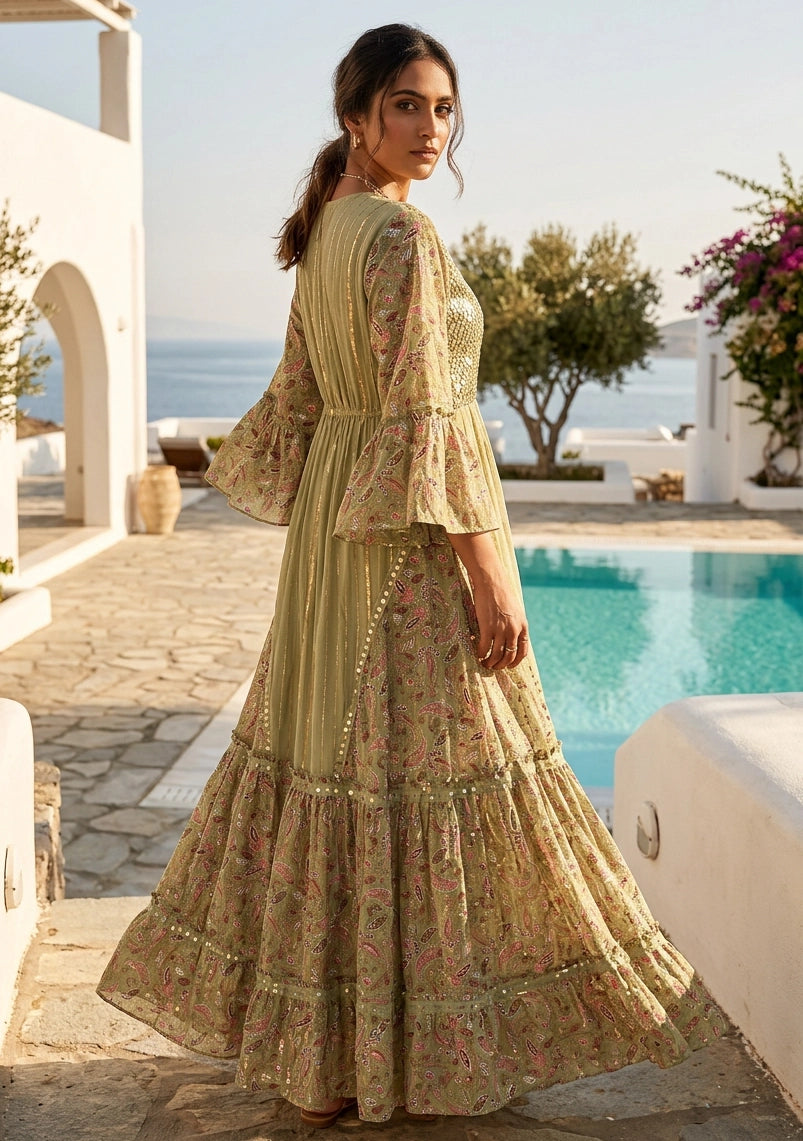 Women's Hand Embroidered Printed Shimmer Cotton Long Dress Round Tie-Up Neck- Marina