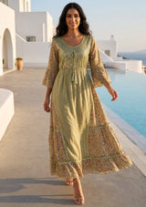Women's Hand Embroidered Printed Shimmer Cotton Long Dress Round Tie-Up Neck- Marina