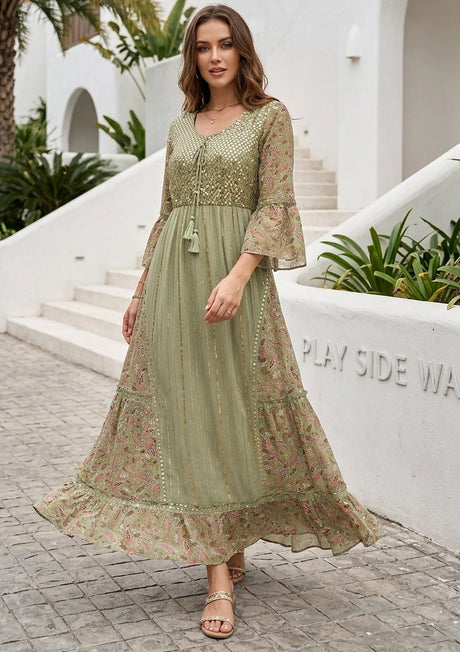 Women's Hand Embroidered Printed Shimmer Cotton Long Dress Round Tie-Up Neck- Marina
