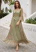 Women's Hand Embroidered Printed Shimmer Cotton Long Dress Round Tie-Up Neck- Marina