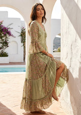 Women's Hand Embroidered Printed Shimmer Cotton Long Dress Round Tie-Up Neck- Marina