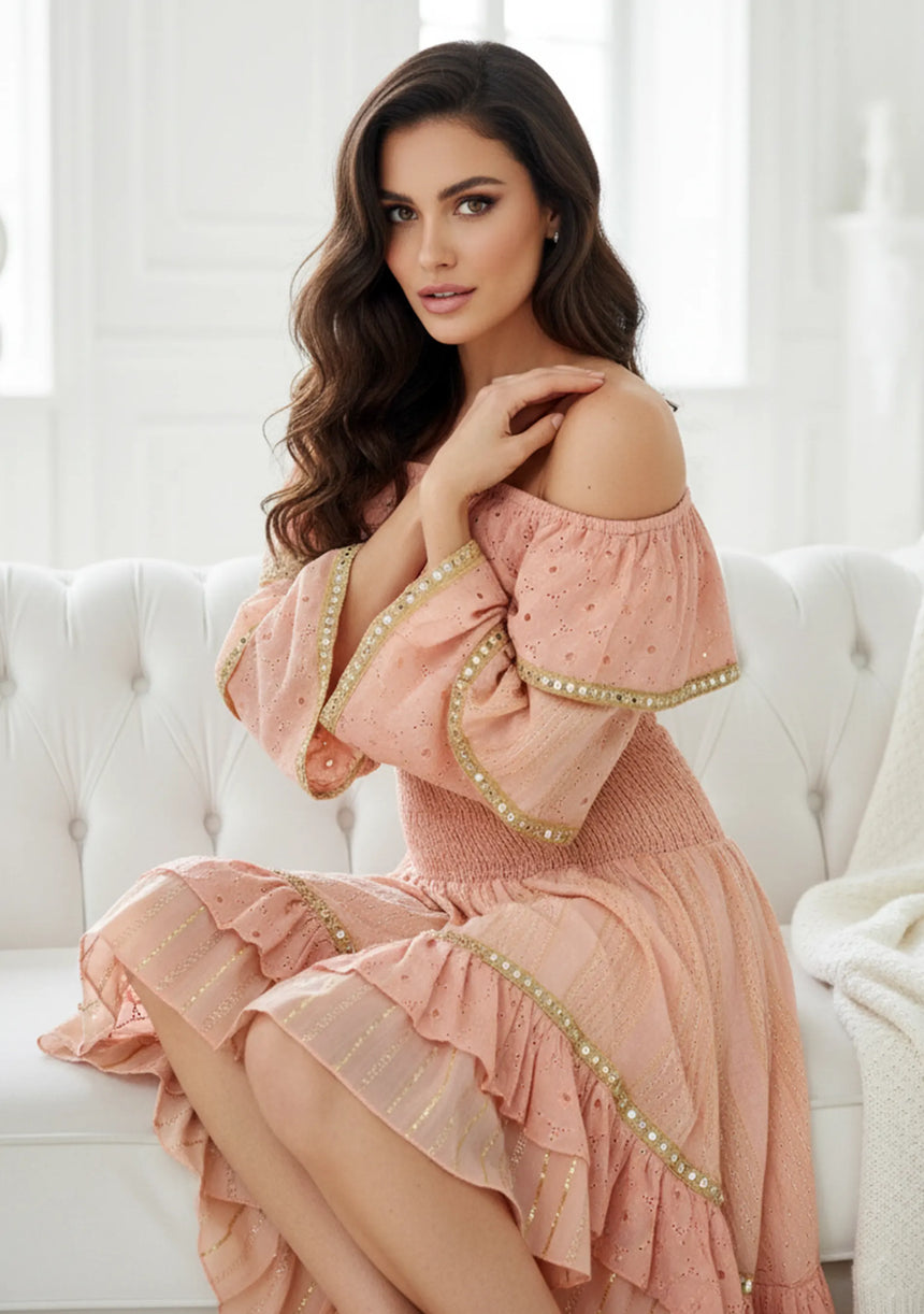 Vestido maxi de algodón bordado a mano de manga larga para mujer - Umida