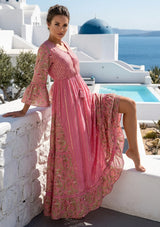 Women's Hand Embroidered Printed Shimmer Cotton Long Dress Round Tie-Up Neck- Marina