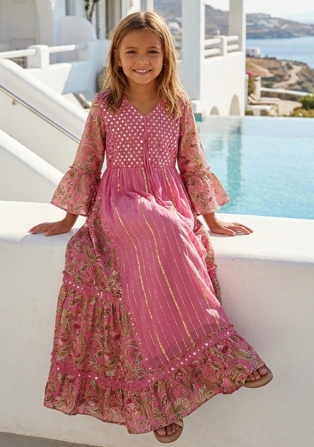 Girls' Shimmer Cotton dress V-Neck - Marina