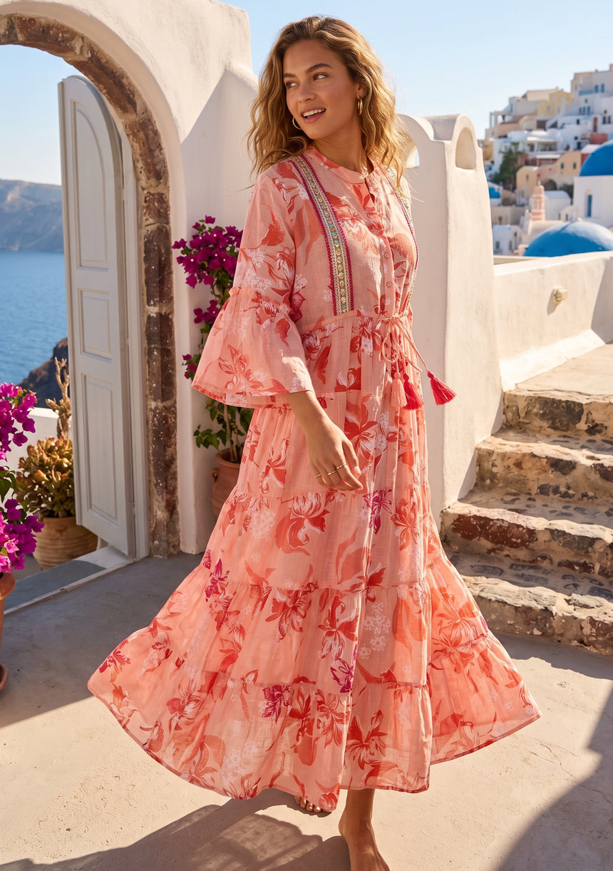 Women's Printed  Cotton Long  Tunic Dress V- Neck - Wema