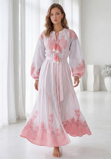 Vestido largo de algodón de cuello redondo para mujer - Naisha