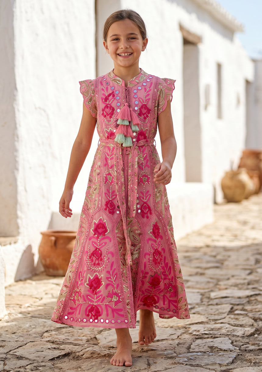 Girls' Shimmer Cotton dress  Round Tie-Up Neck - Seliza