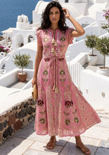 Women's Hand Embroidered Luxury Cotton Long Dress Round Tie-Up Neck - Seliza