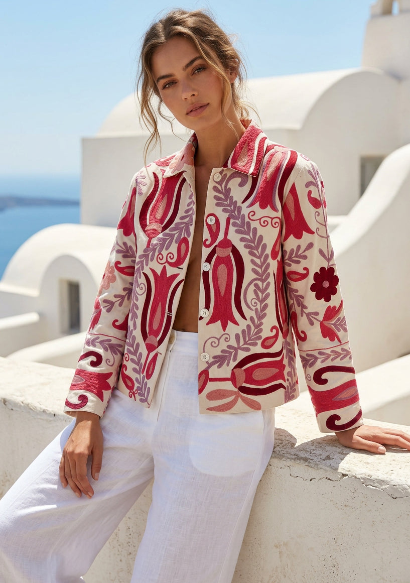 Women's Artisan Hand Embroidery Cotton Canvas Jacket - Vesana