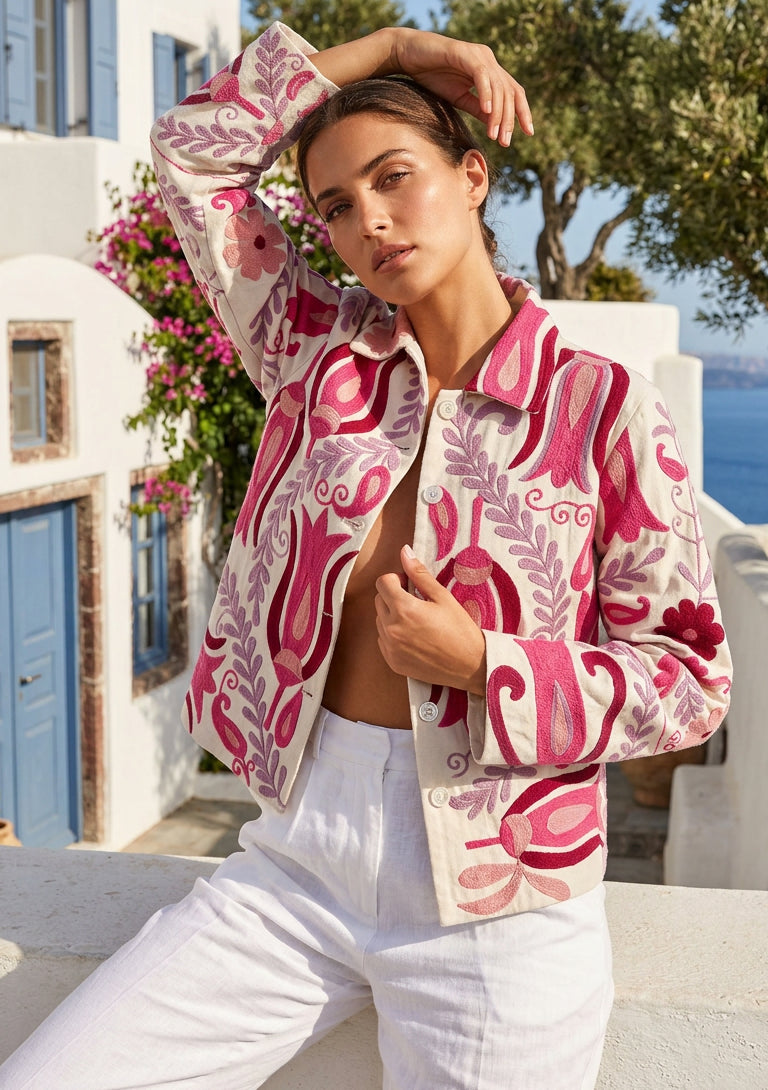 Women's Artisan Hand Embroidery Cotton Canvas Jacket - Vesana