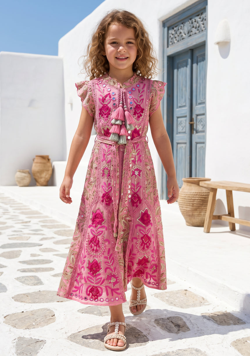 Girls' Shimmer Cotton dress  Round Tie-Up Neck - Seliza