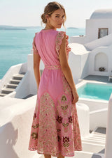 Women's Hand Embroidered Luxury Cotton Long Dress Round Tie-Up Neck - Seliza